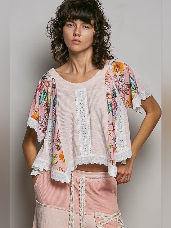 POL Tops - POL Round Neck Ribbed Cropped Top with Lace Detail- Pink- FAST SHIPPING !!